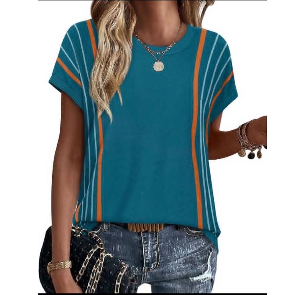 Boho Teal Blue Striped Knit Sweater Top Short Sleeve Crew Neck Size M Boho 70